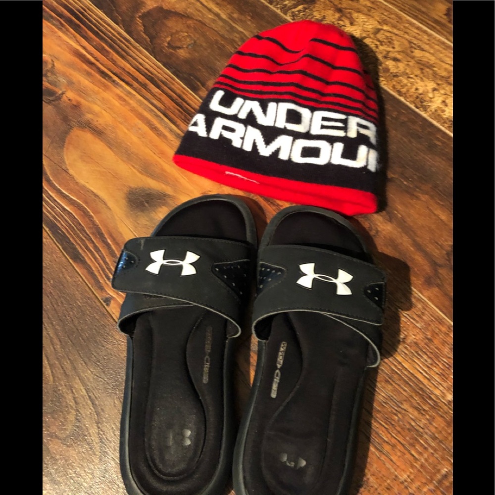 Youth Under Armour slides and beanie